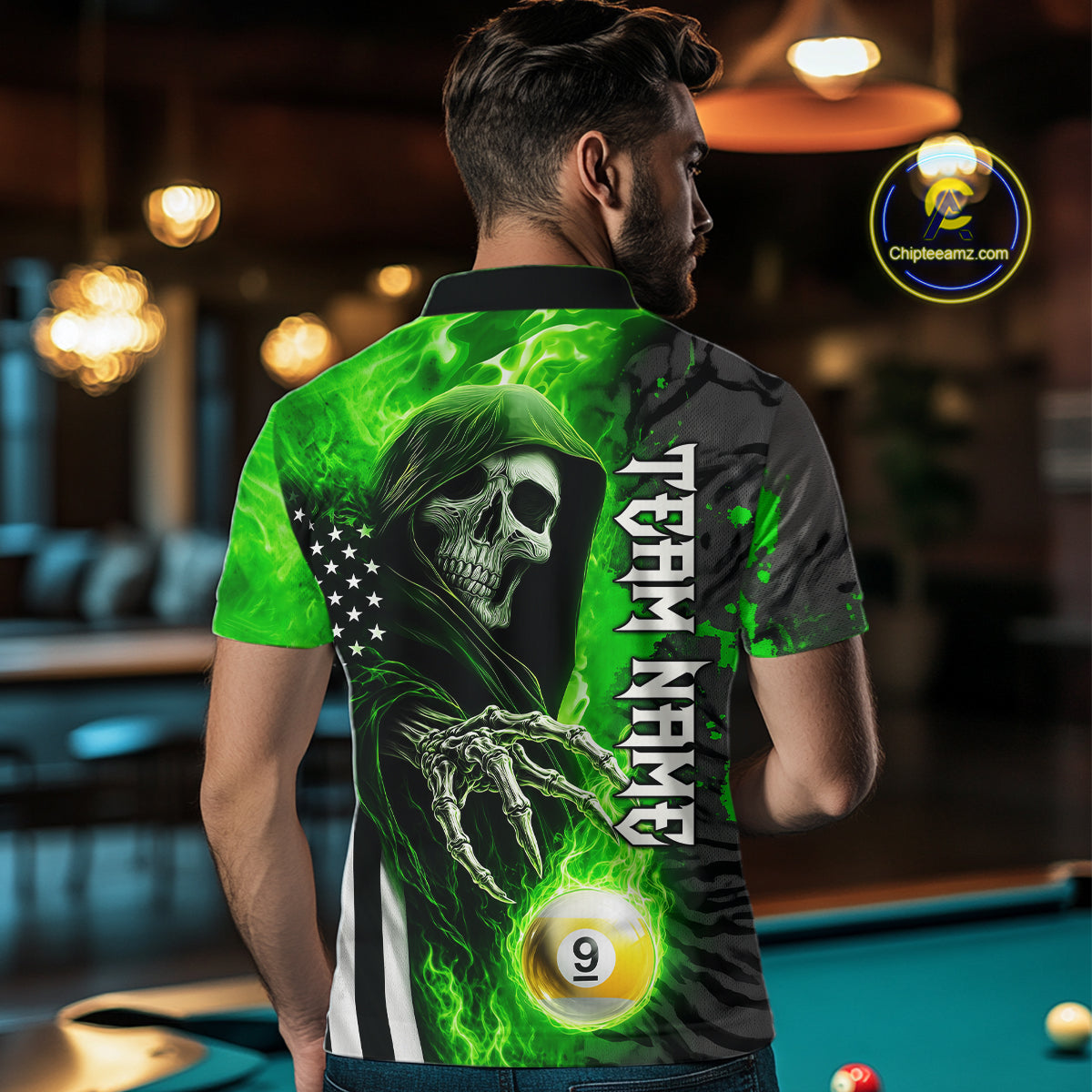 Back View of a Man Wearing Personalized Green Flame Grim Reaper US Flag 8 Ball 9 Ball Billiard Shirt