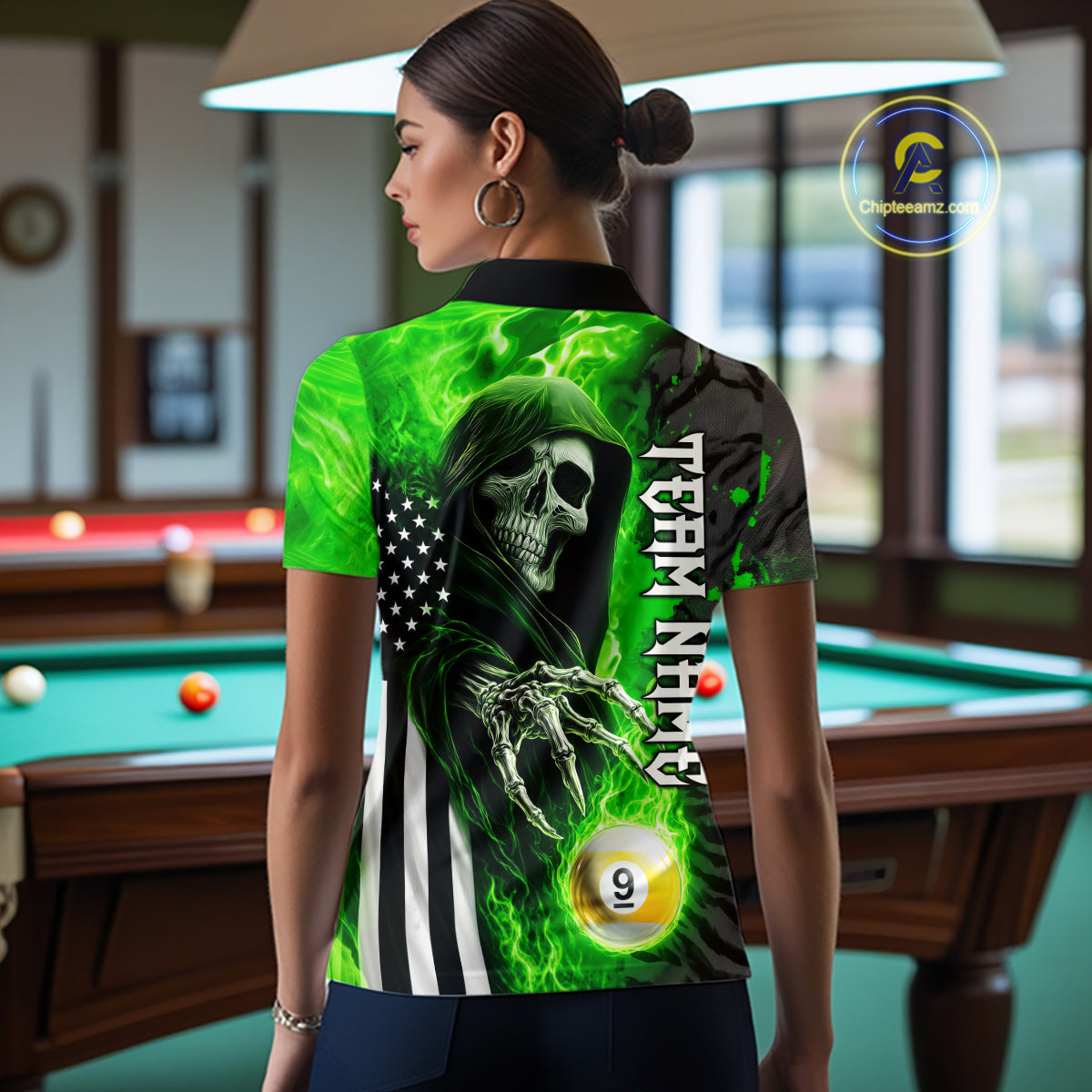 Woman Wearing Personalized Green Flame Grim Reaper US Flag 8 Ball 9 Ball Custom Pool Team Jersey Showing the Complete Rear Artwork, Back View
