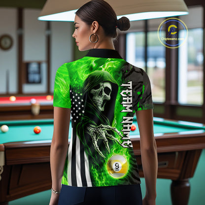 Woman Wearing Personalized Green Flame Grim Reaper US Flag 8 Ball 9 Ball Custom Pool Team Jersey Showing the Complete Rear Artwork, Back View