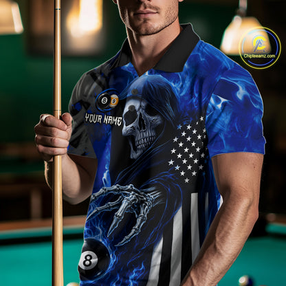 Man Wearing Personalized Blue Flame Grim Reaper US Flag 8 Ball 9 Ball Billiard Polo Shirt, Front View