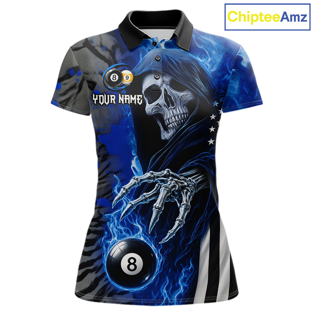 Personalized Blue Flame Grim Reaper US Flag 8 Ball 9 Ball Billiard Polo Shirt Featuring a Patriotic Custom Design for Women's Pool League Players and Team Competition