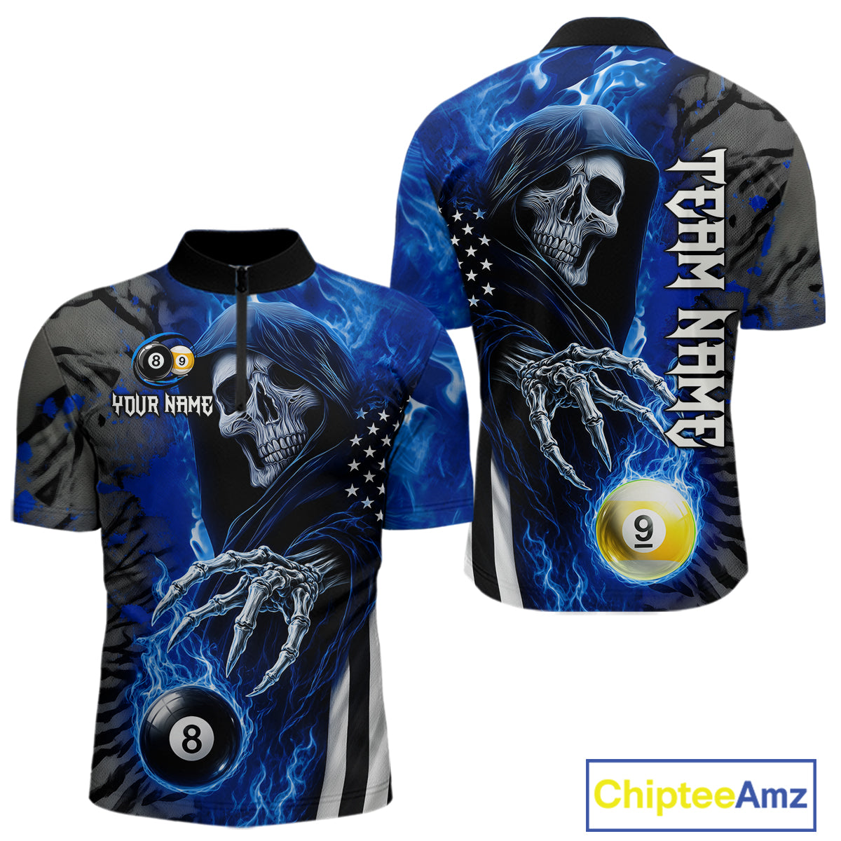 Personalized Blue Flame Grim Reaper US Flag 8 Ball 9 Ball Quarter Zip Billiard Shirt for Pool League Players