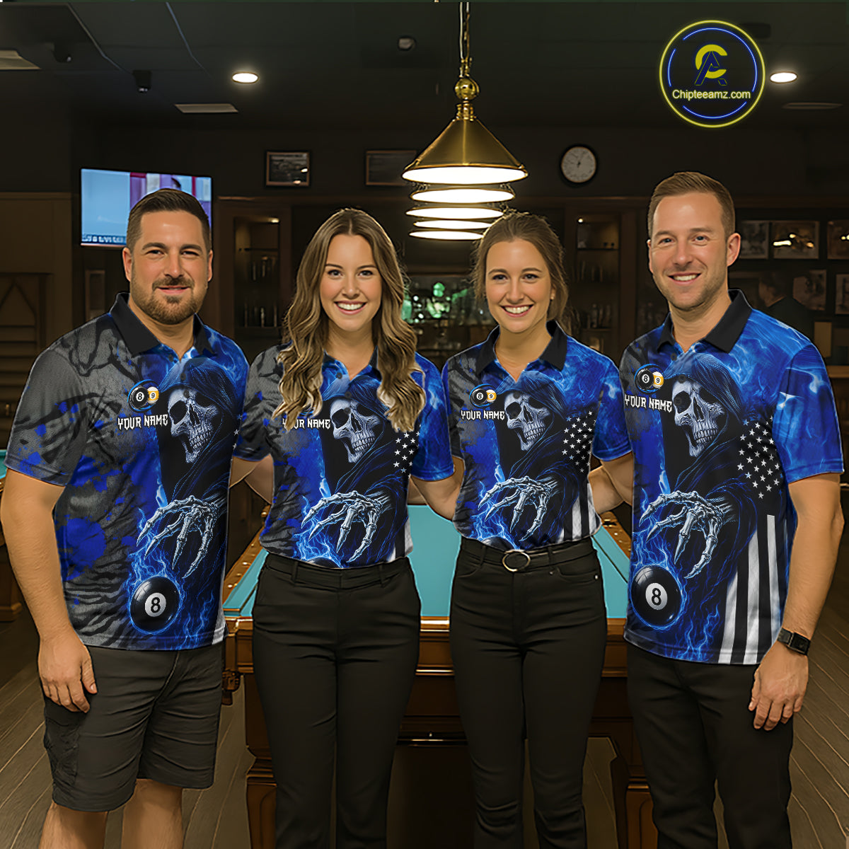 League Pool Players Wearing Personalized Blue Flame Grim Reaper US Flag 8 Ball 9 Ball Jerseys, Back View