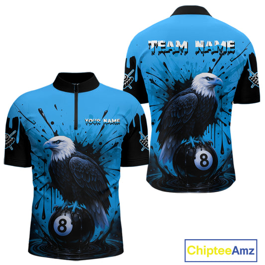 Blue 8 Ball Pool Eagle Paint Splash Billiard Shirt For Men Custom Billiard Jersey Polo & 1/4 Zip TDM5494