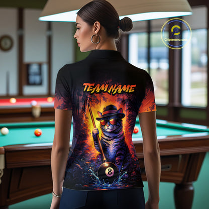 Personalized Vintage Funny Cat 8 Ball Billiard Shirt For Women, Pool Team Jersey Polo & 1/4 Zip TDM5751