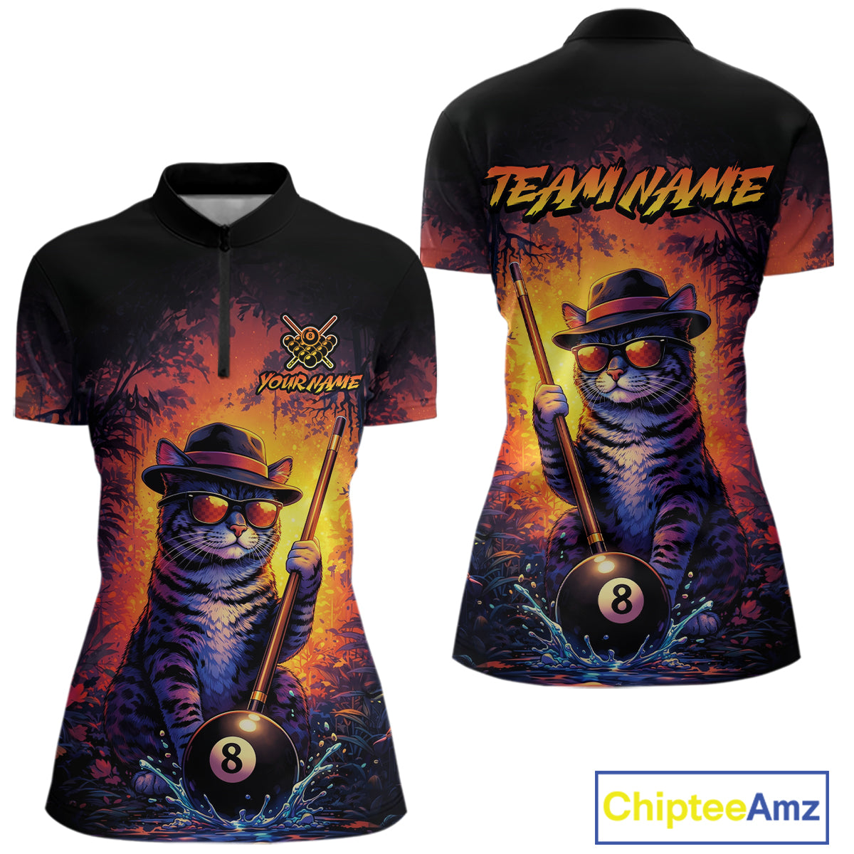 Personalized Vintage Funny Cat 8 Ball Billiard Shirt For Women, Pool Team Jersey Polo & 1/4 Zip TDM5751