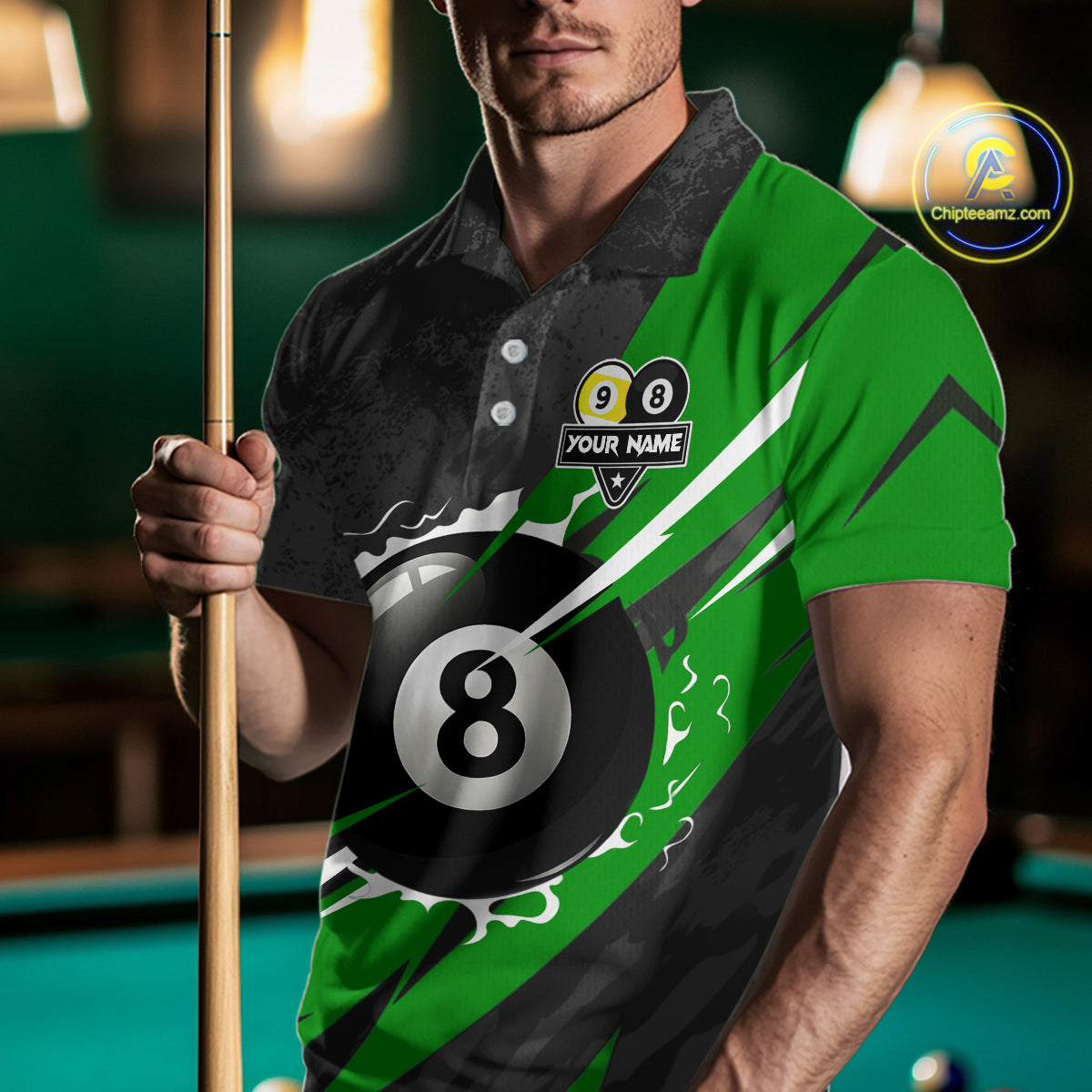 Black And Green 8 Ball & 9 Ball Billiard Shirt For Men Custom Pool Team Jersey Polo & 1/4 Zip TDM6363