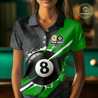 Black And Green 8 Ball & 9 Ball Billiard Shirt For Women Custom Pool Team Jersey Polo & 1/4 Zip TDM6363