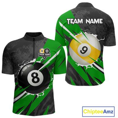 Black And Green 8 Ball & 9 Ball Billiard Shirt For Men Custom Pool Team Jersey Polo & 1/4 Zip TDM6363