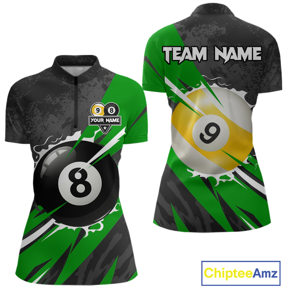 Black And Green 8 Ball & 9 Ball Billiard Shirt For Women Custom Pool Team Jersey Polo & 1/4 Zip TDM6363
