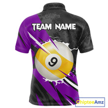 Load image into Gallery viewer, Black And Purple 8 Ball &amp; 9 Ball Billiard Shirt For Men Custom Pool Team Jersey Polo &amp; 1/4 Zip TDM6364