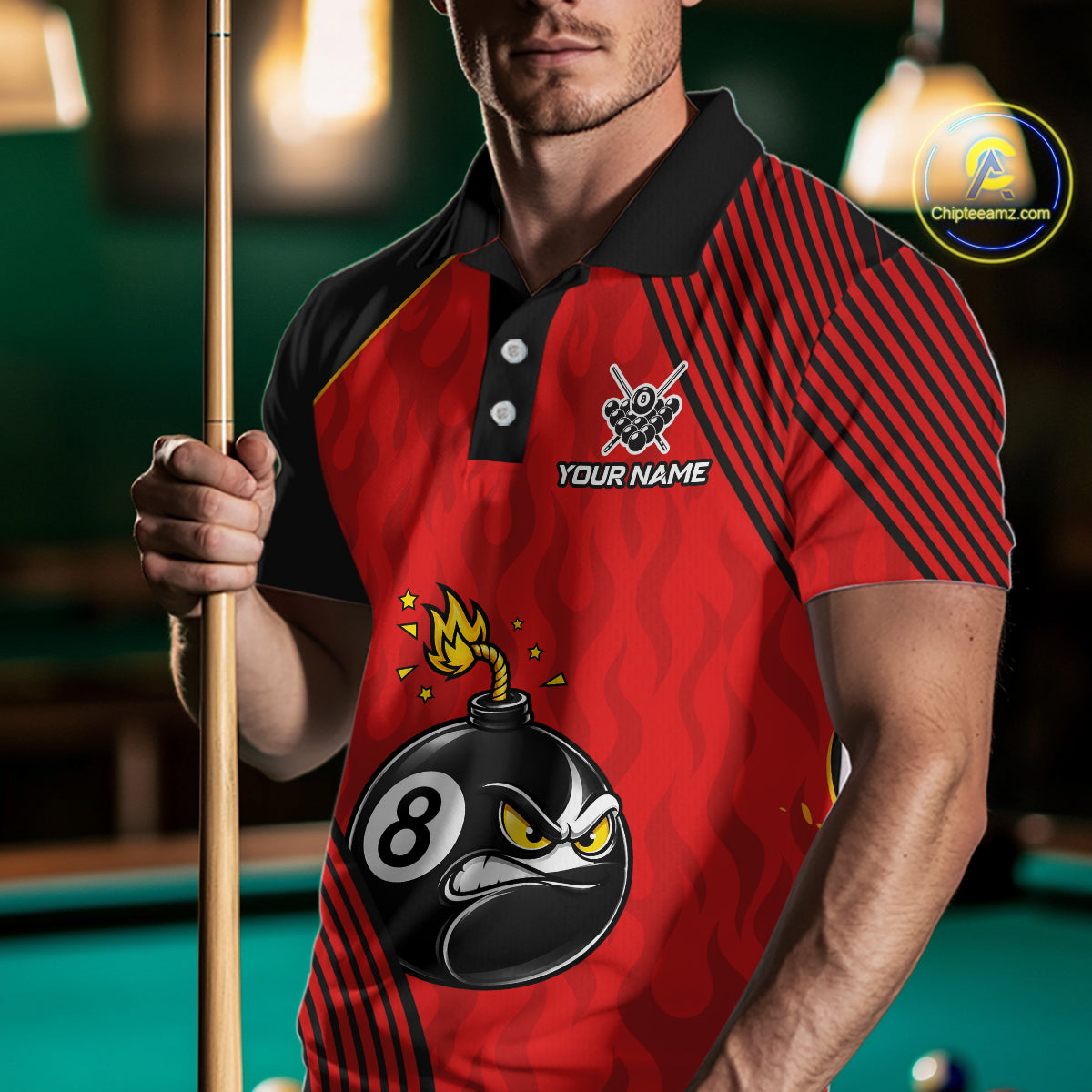 Man Wearing Personalized Red Funny 8 Ball Bomb Billiard Polo Shirt with Comfortable Athletic Fit and Eye Catching Graphic Design, Front View