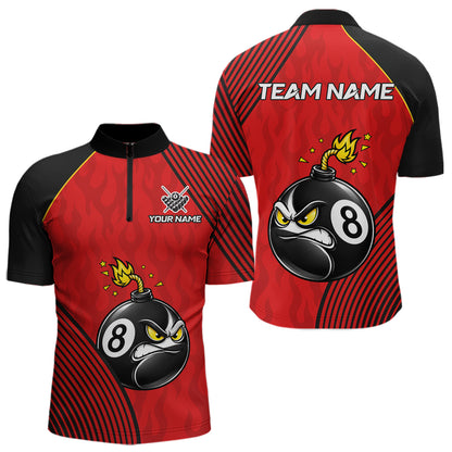 Personalized Red Funny 8 Ball Bomb Quarter Zip Billiard Shirt Created for Pool Team Competition with Custom Athletic Performance Style