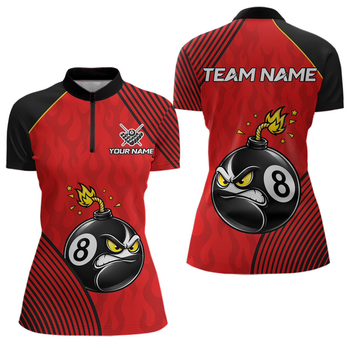 Personalized Red Funny 8 Ball Bomb Quarter Zip Billiard Shirt Created for Pool League Teams with Custom Jersey Design and Tournament Competition
