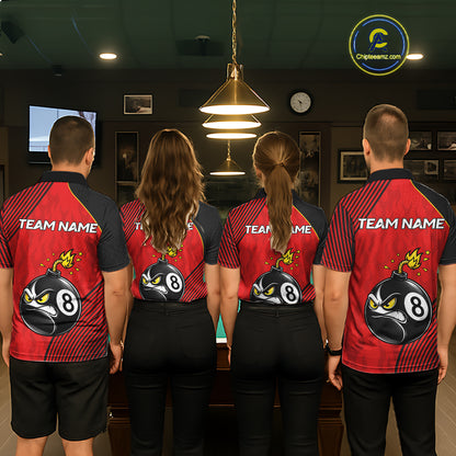 Pool Team Wearing Personalized Red Funny 8 Ball Bomb Custom Pool Team Jerseys Featuring the Full Back Graphic Design, Back View