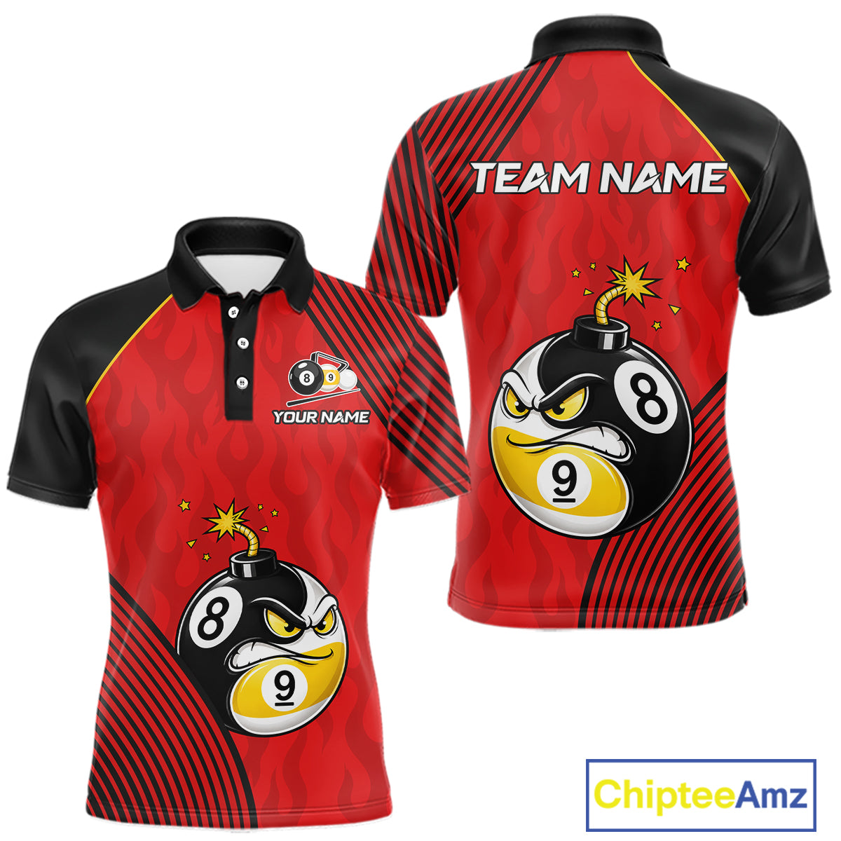 Custom Red Funny 8 Ball 9 Ball Pool Bomb Billiard Polo Shirt Designed for Personalized Team Jerseys with a Fun Graphic for Competitive Pool Players