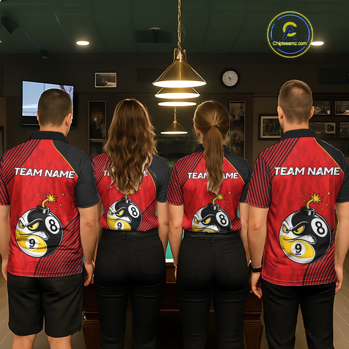 Pool Team Wearing Personalized Red Funny 8 Ball 9 Ball Pool Bomb Custom Billiard Team Jerseys Featuring the Full Back Artwork, Back View