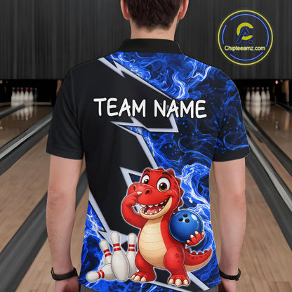 Funny Dinosaur Bowling Jersey For Men Custom Black And Blue Flame Bowling Shirt Polo & 1/4 Zip TDM6367