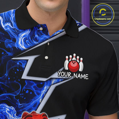 Funny Dinosaur Bowling Jersey For Men Custom Black And Blue Flame Bowling Shirt Polo & 1/4 Zip TDM6367