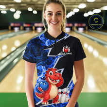 Load image into Gallery viewer, Funny Dinosaur Bowling Jersey For Women Custom Black And Blue Flame Bowling Shirt Polo &amp; 1/4 Zip TDM6367