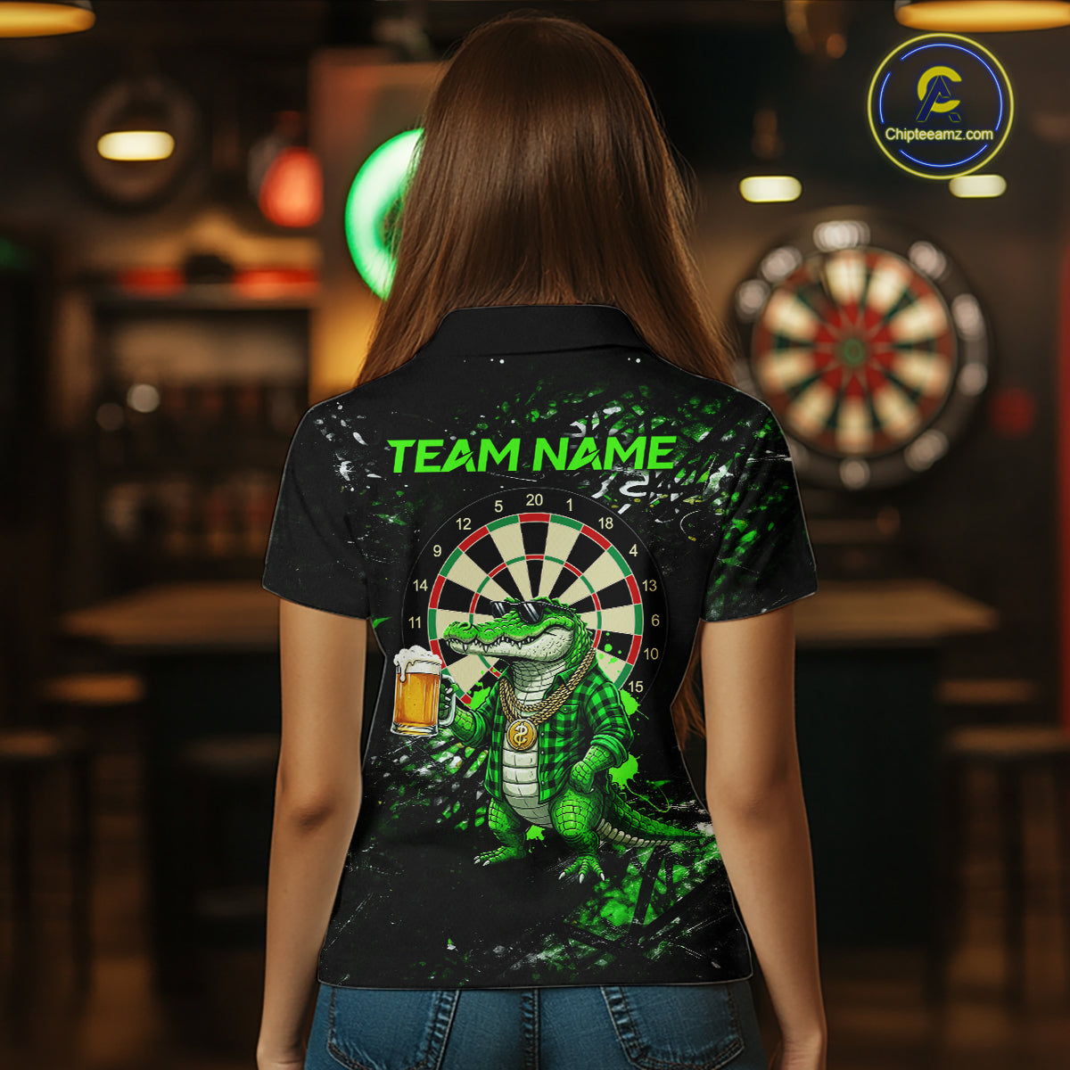 Green Grunge Funny Alligator Darts Shirt For Women Custom Darts Jersey Polo & 1/4 Zip, Darts Gifts TDM6373