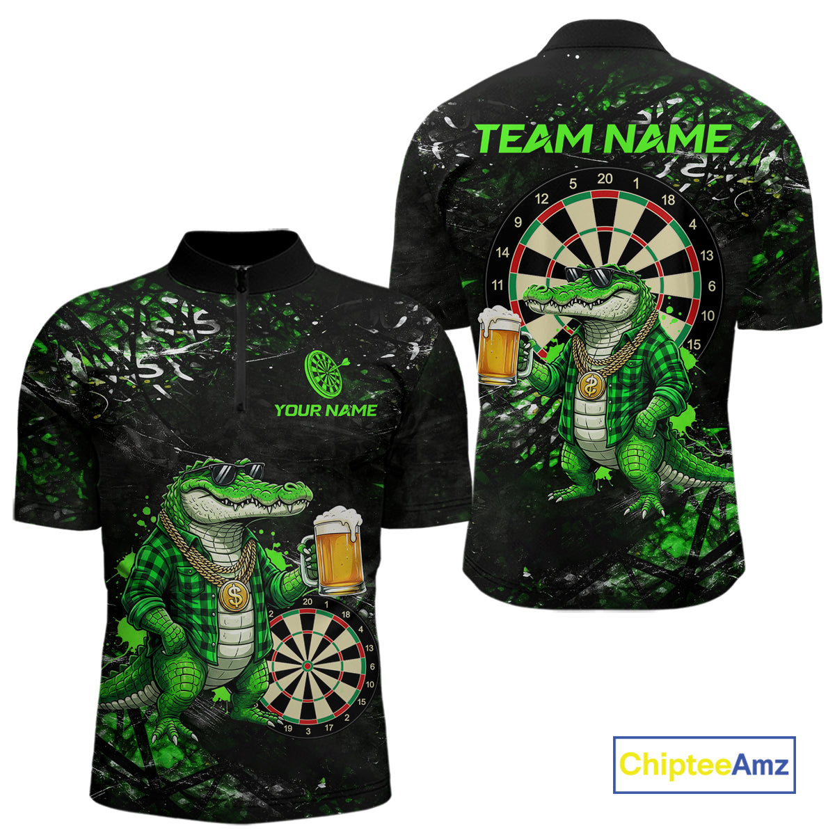 Green Grunge Funny Alligator Darts Shirt For Men Custom Darts Jersey Polo & 1/4 Zip, Darts Gifts TDM6373