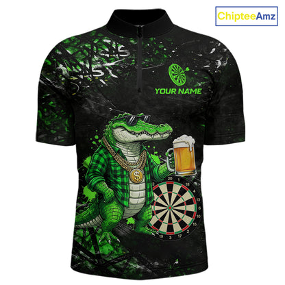 Green Grunge Funny Alligator Darts Shirt For Men Custom Darts Jersey Polo & 1/4 Zip, Darts Gifts TDM6373