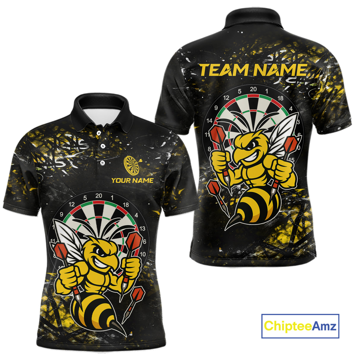 Yellow Grunge Funny Bee Darts Shirt For Men Custom Darts Jersey Team Polo & 1/4 Zip, Darts Gifts TDM6374