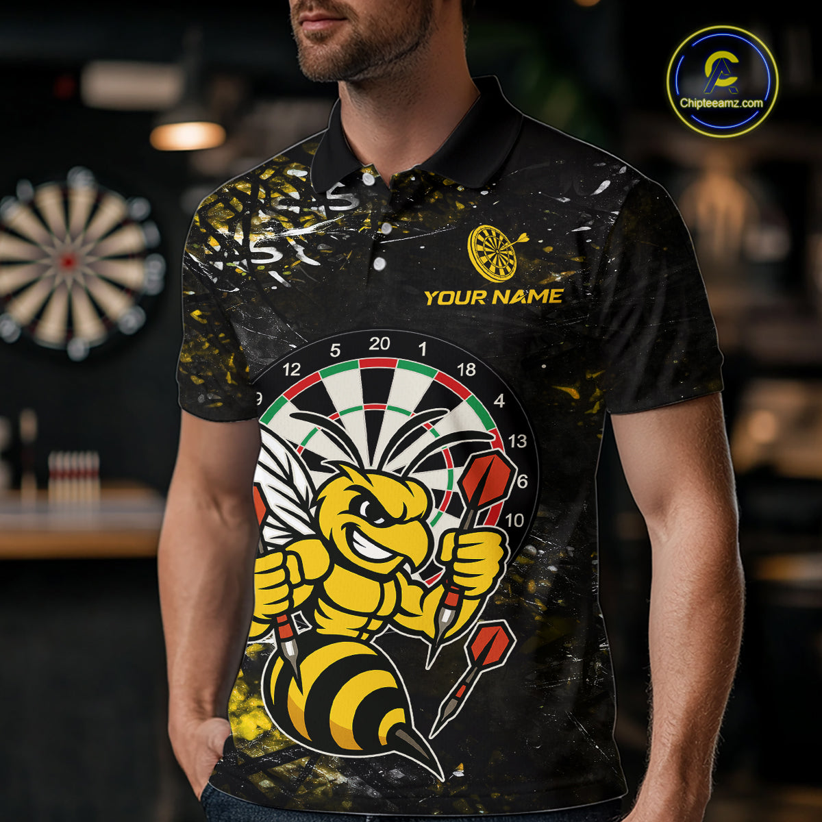 Yellow Grunge Funny Bee Darts Shirt For Men Custom Darts Jersey Team Polo & 1/4 Zip, Darts Gifts TDM6374