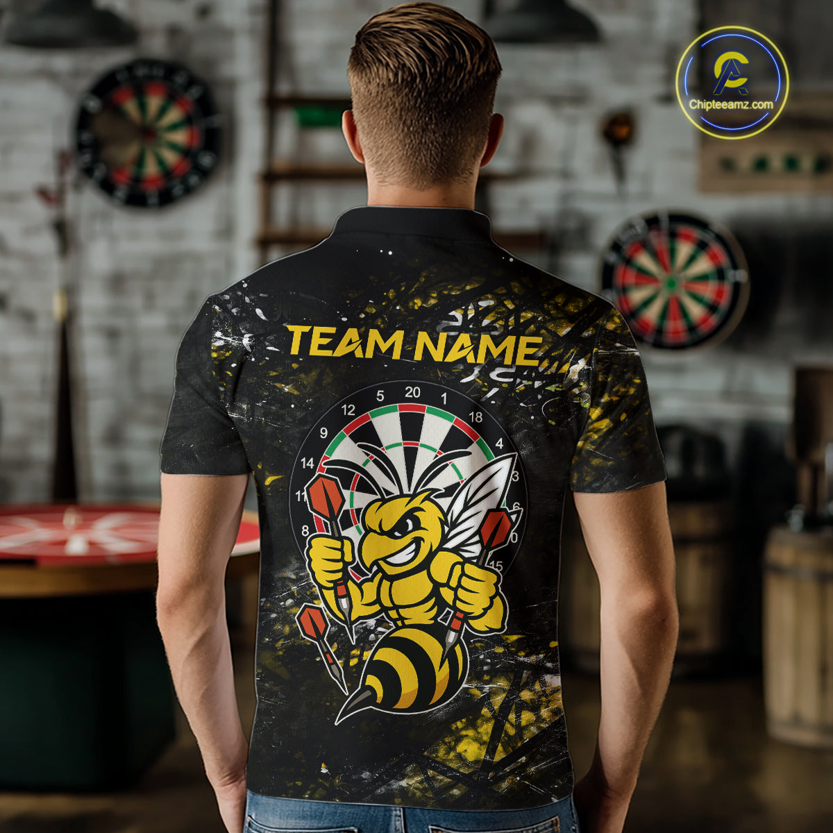 Yellow Grunge Funny Bee Darts Shirt For Men Custom Darts Jersey Team Polo & 1/4 Zip, Darts Gifts TDM6374