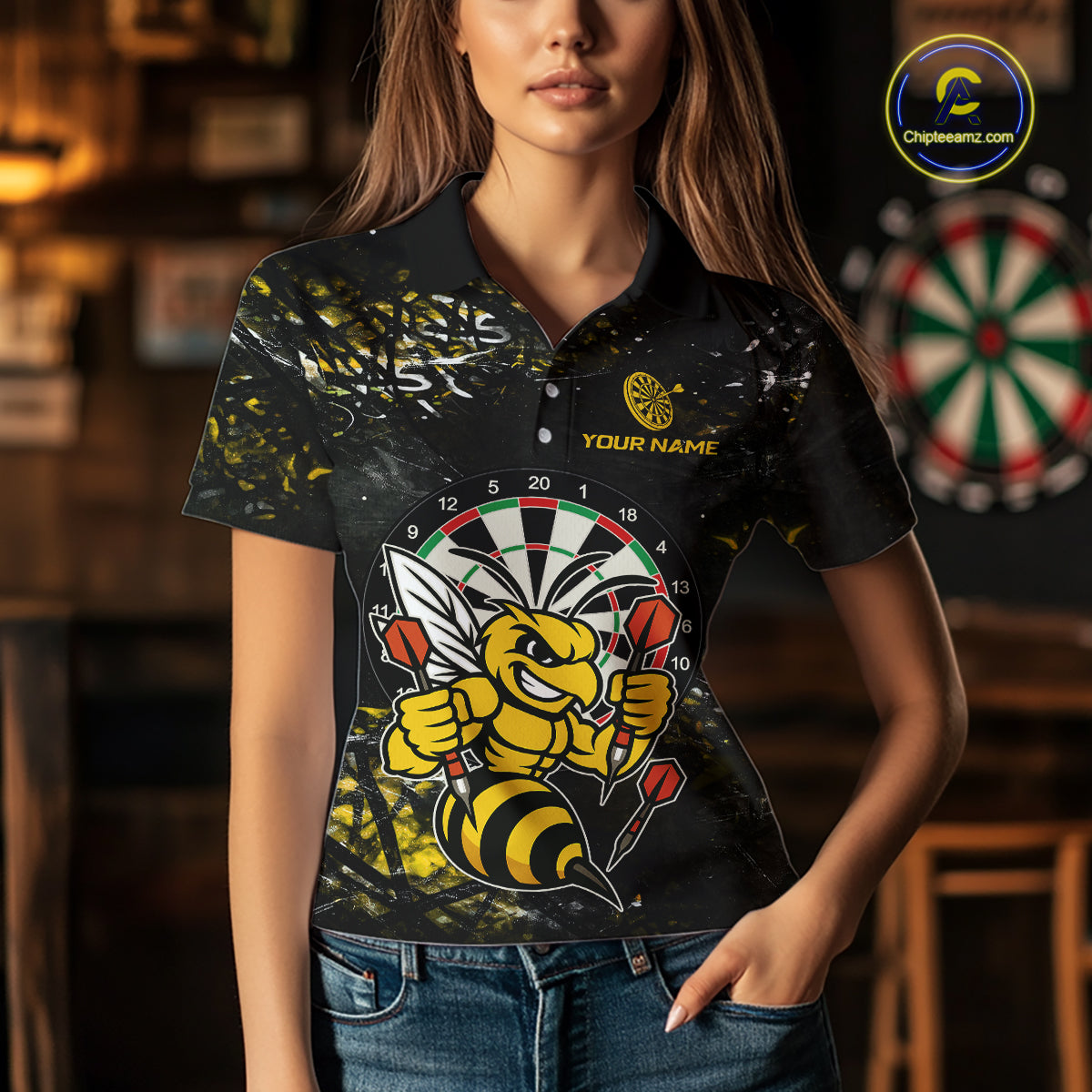 Yellow Grunge Funny Bee Darts Shirt For Women Custom Darts Jersey Team Polo & 1/4 Zip, Darts Gifts TDM6374