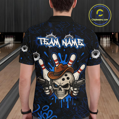 Man wearing black and blue funny cowboy skull bowling team jersey polo shirt featuring cowboy skull artwork, back view.