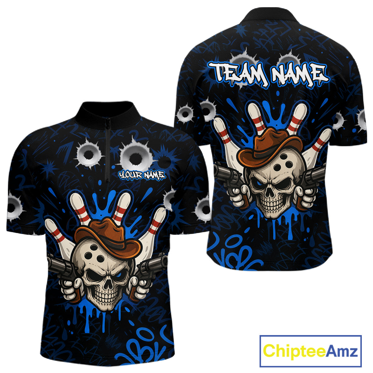 Black and blue funny cowboy skull bowling team jersey quarter zip shirt for men featuring bold cowboy skull bowling artwork, premium custom bowling league apparel.