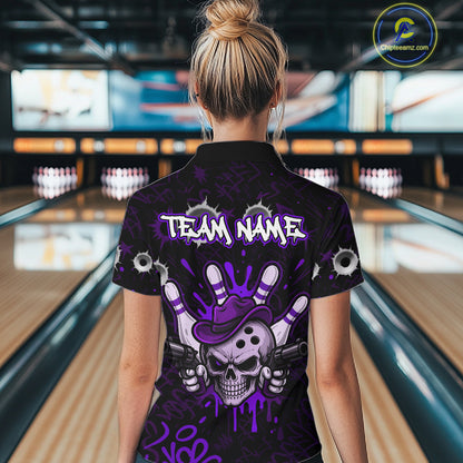Woman wearing black and purple funny cowboy skull bowling team jersey polo shirt featuring cowboy skull artwork, back view.