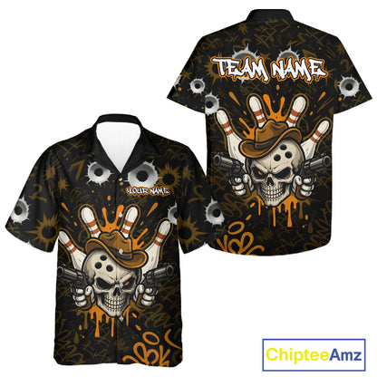 Black and orange funny cowboy skull bowling Hawaiian shirt featuring a cowboy skull and bowling design, premium custom bowling league team shirt.