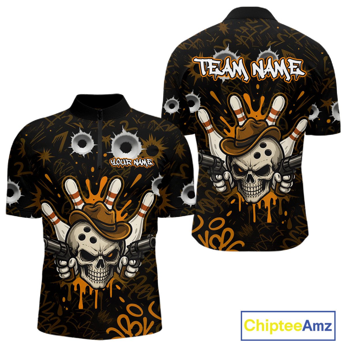 Black and orange funny cowboy skull bowling team jersey quarter zip shirt for men featuring bold cowboy skull bowling artwork, premium custom bowling league apparel.