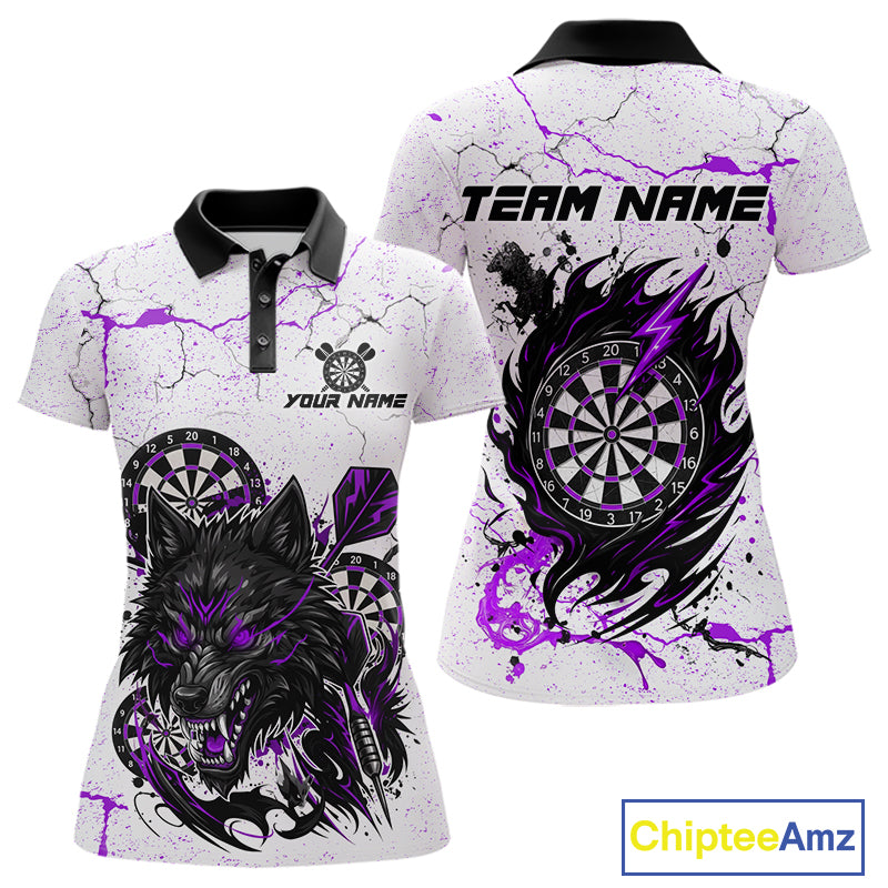 Personalized White Grunge Wolf Darts Shirt For Women Custom Darts Team Jersey Polo & 1/4 Zip|Purple TDM5282