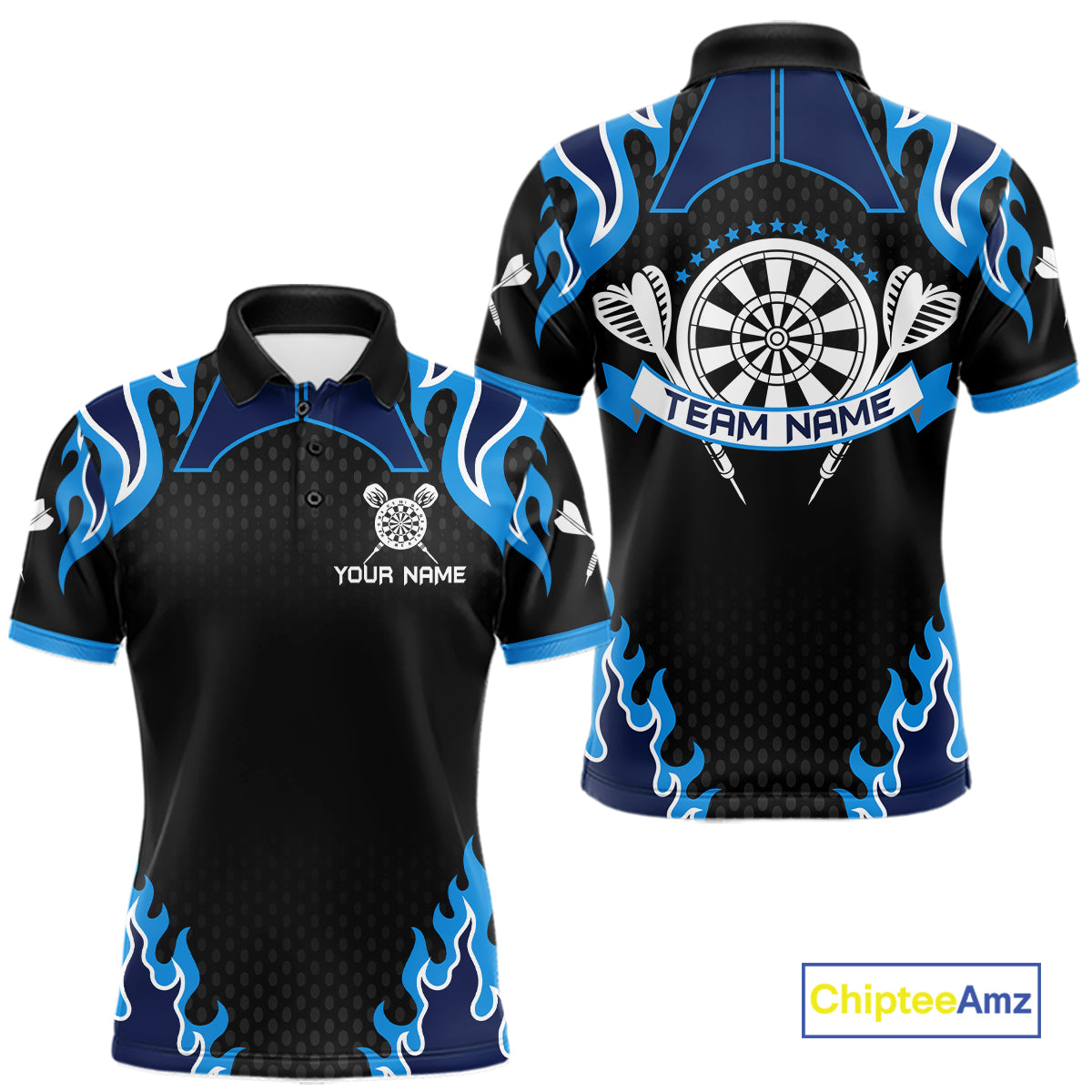 Black And Blue Flaming Darts Jersey Polo & Quarter Zip Custom Darts Team Shirt For Men TDM6146
