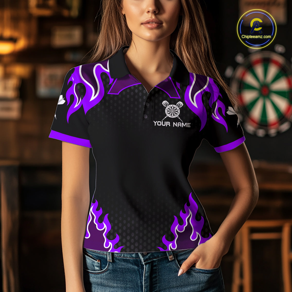 Black And Purple Flaming Darts Jersey Polo & Quarter Zip Custom Darts Team Shirt For Women TDM6147