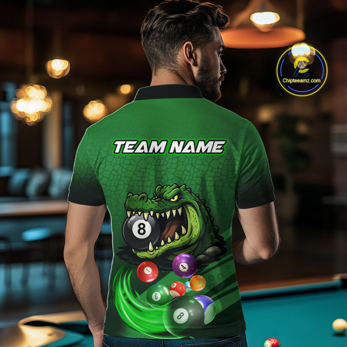 Green Funny Alligator 8 Ball Billiard Shirts For Men Custom Pool Team Jersey Polo & Quarter Zip TDM6621