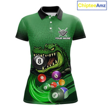 Load image into Gallery viewer, Green polo shirt with an alligator and billiard ball design, featuring customizable "Your Name" and "Team Name" text for a personalized look.