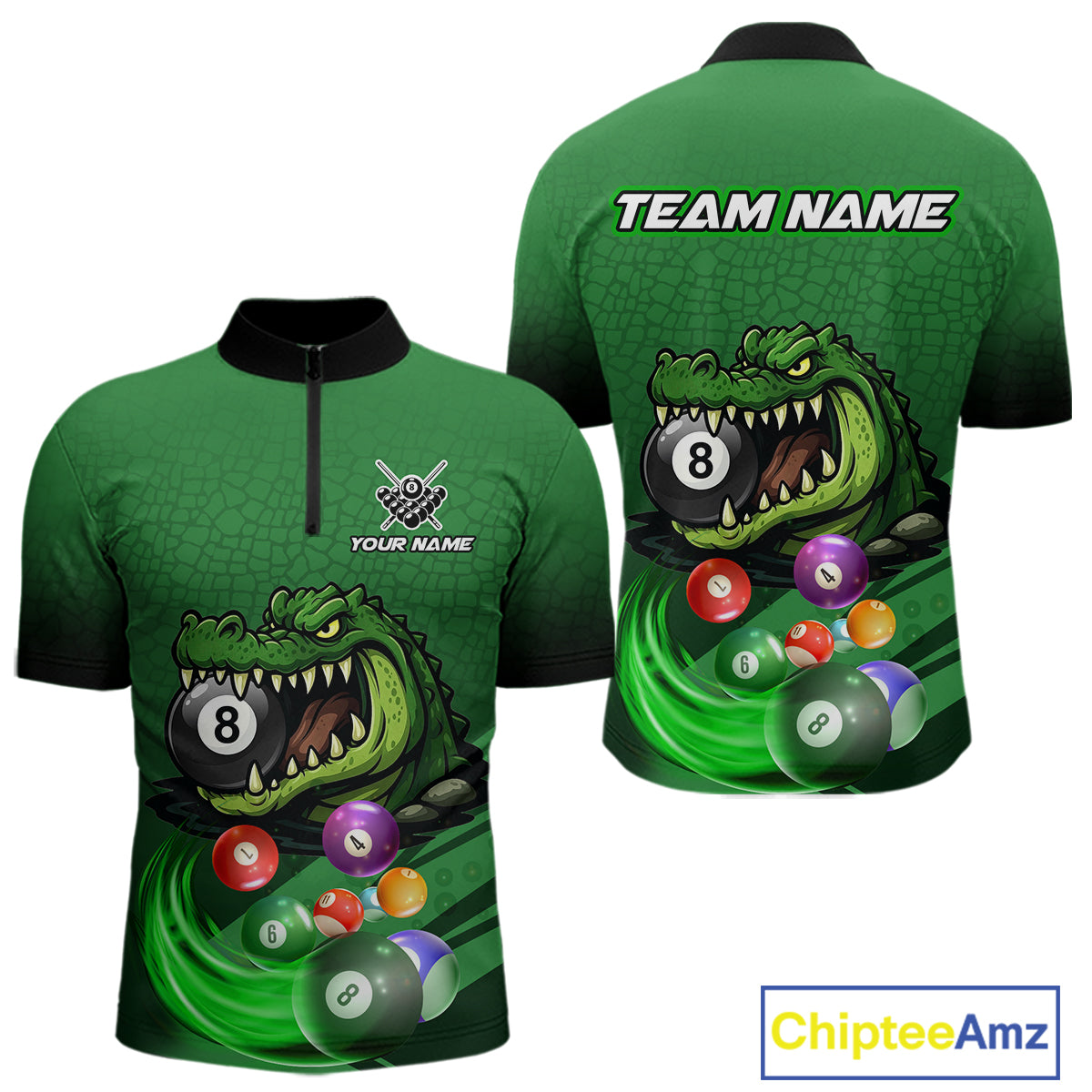 Green quarter zip shirt with an alligator and billiard ball design, featuring customizable "Your Name" and "Team Name" text for a personalized look.