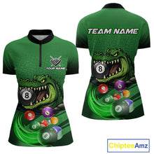 Load image into Gallery viewer, Green quarter zip shirt with an alligator and billiard ball design, featuring customizable "Your Name" and "Team Name" text for a personalized look.