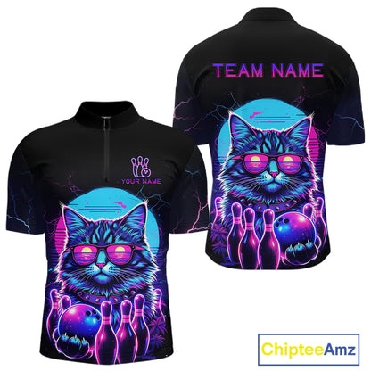 Funny Cat Retro Neon Bowling Shirt For Men Custom Bowling Team Jersey Polo & Quarter Zip TDM5817