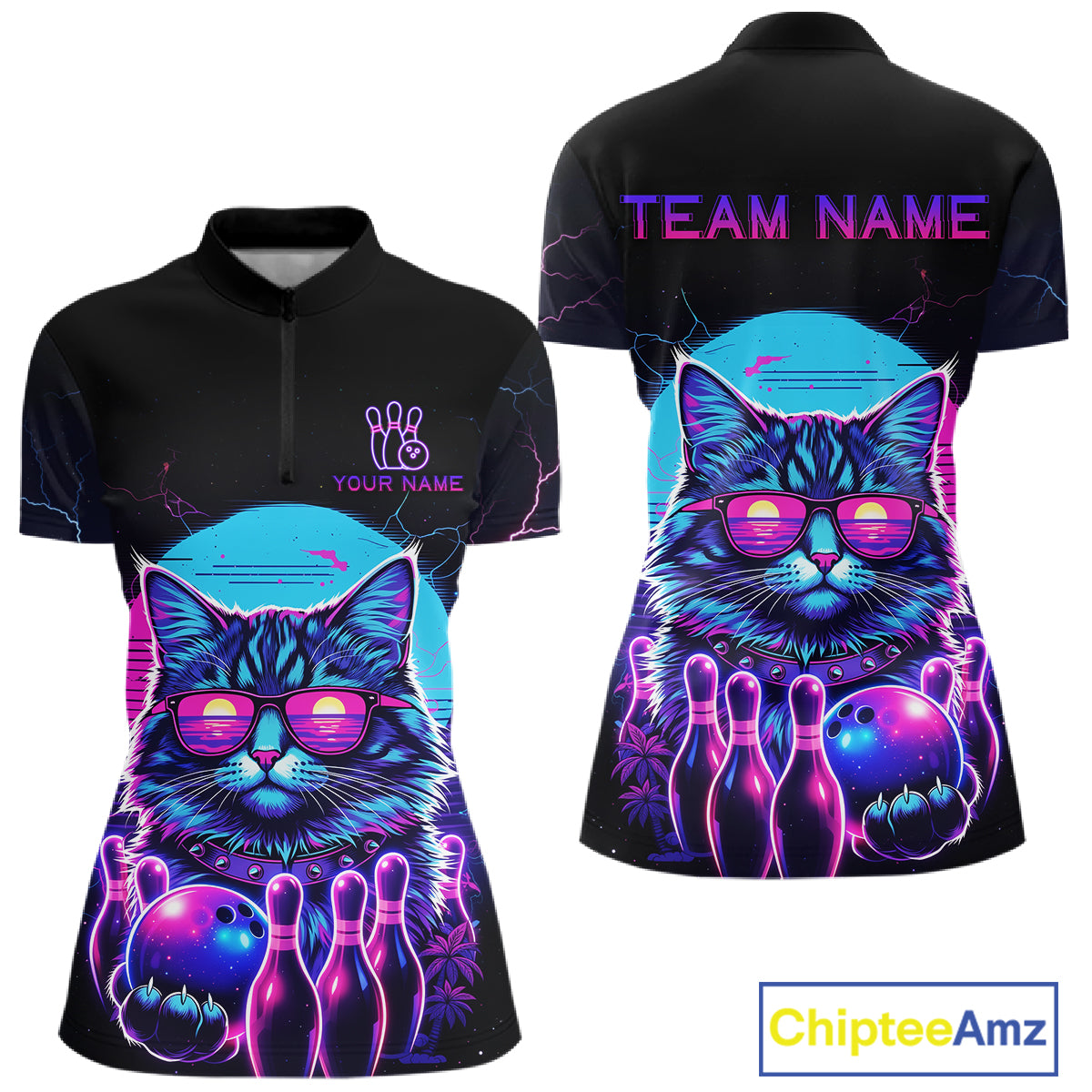 Funny Cat Retro Neon Bowling Shirt For Women Custom Bowling Team Jersey Polo & Quarter Zip TDM5817