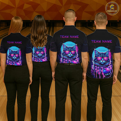 Funny Cat Retro Neon Bowling Shirt For Women Custom Bowling Team Jersey Polo & Quarter Zip TDM5817