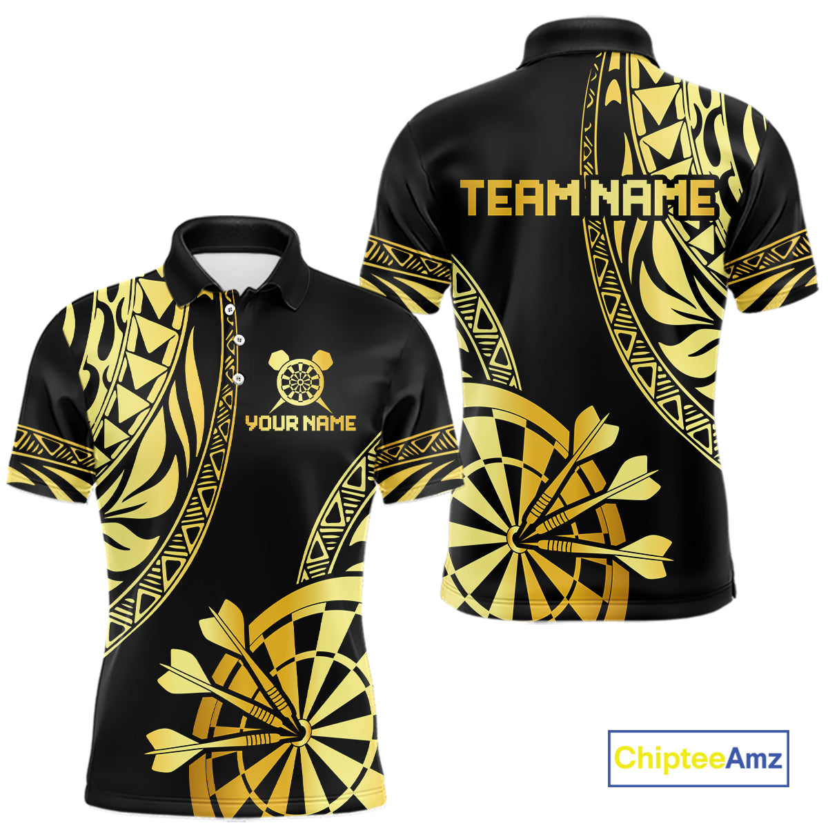 Black and gold tribal darts polo shirt for men with custom player name and team name.