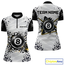 Load image into Gallery viewer, Funny crack 8 ball quarter zip billiard shirt for women, custom pool team jersey.