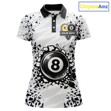 Load image into Gallery viewer, Funny crack 8 ball and 9 ball pool team polo shirt for women with cracked billiard ball graphics.