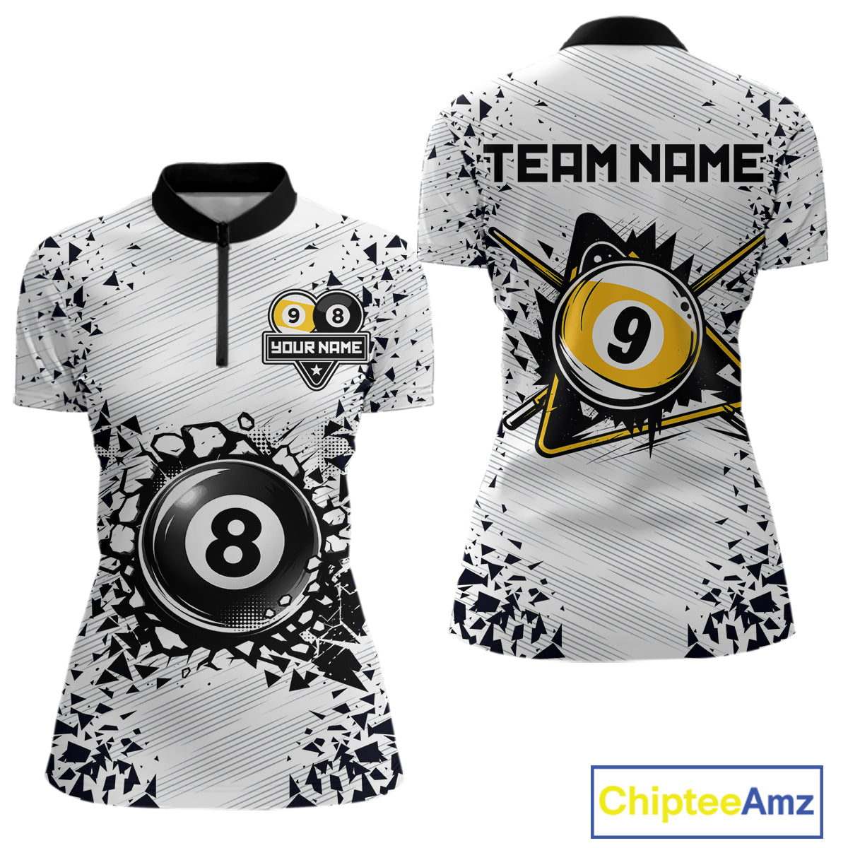 Funny crack 8 ball and 9 ball quarter zip billiard shirt for women, custom pool team jersey.
